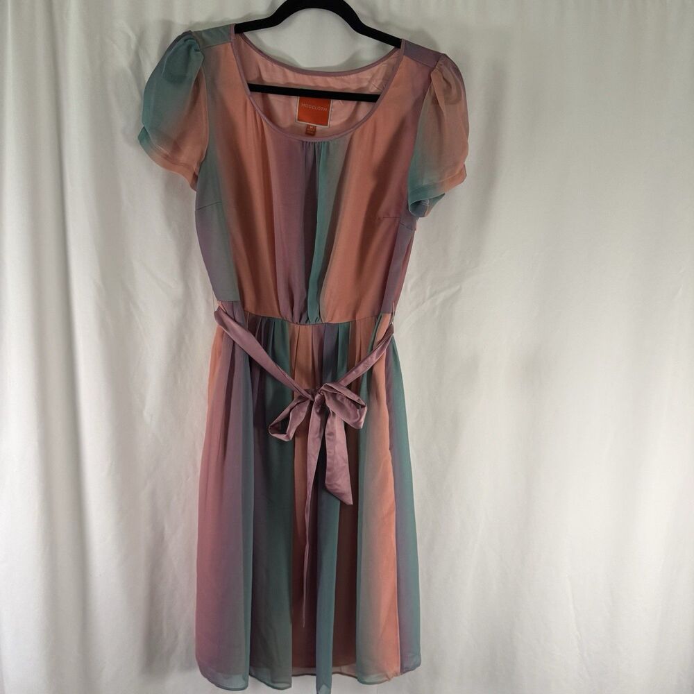 Modcloth Dress Womens Medium Orange Purple Short Sleeve Belted Knee Length Light